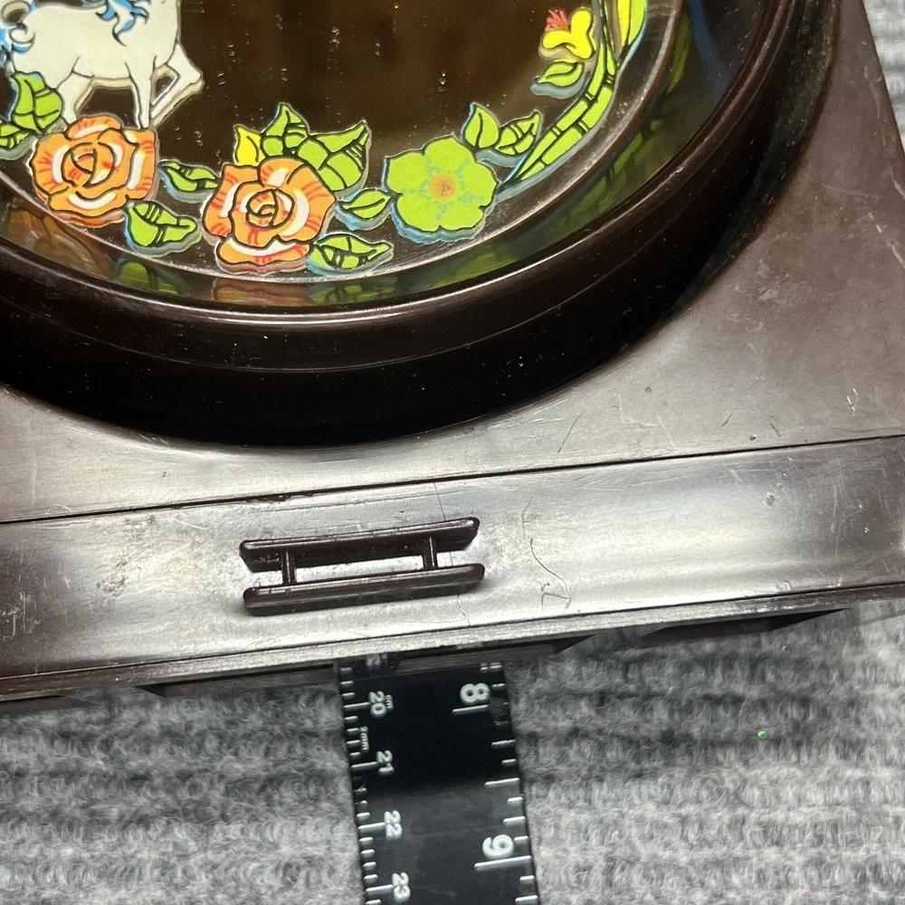 VTG 70's Yaps Brown Lucite Mirror Unicorn Floral Music Box Small‎ Drawer RARE